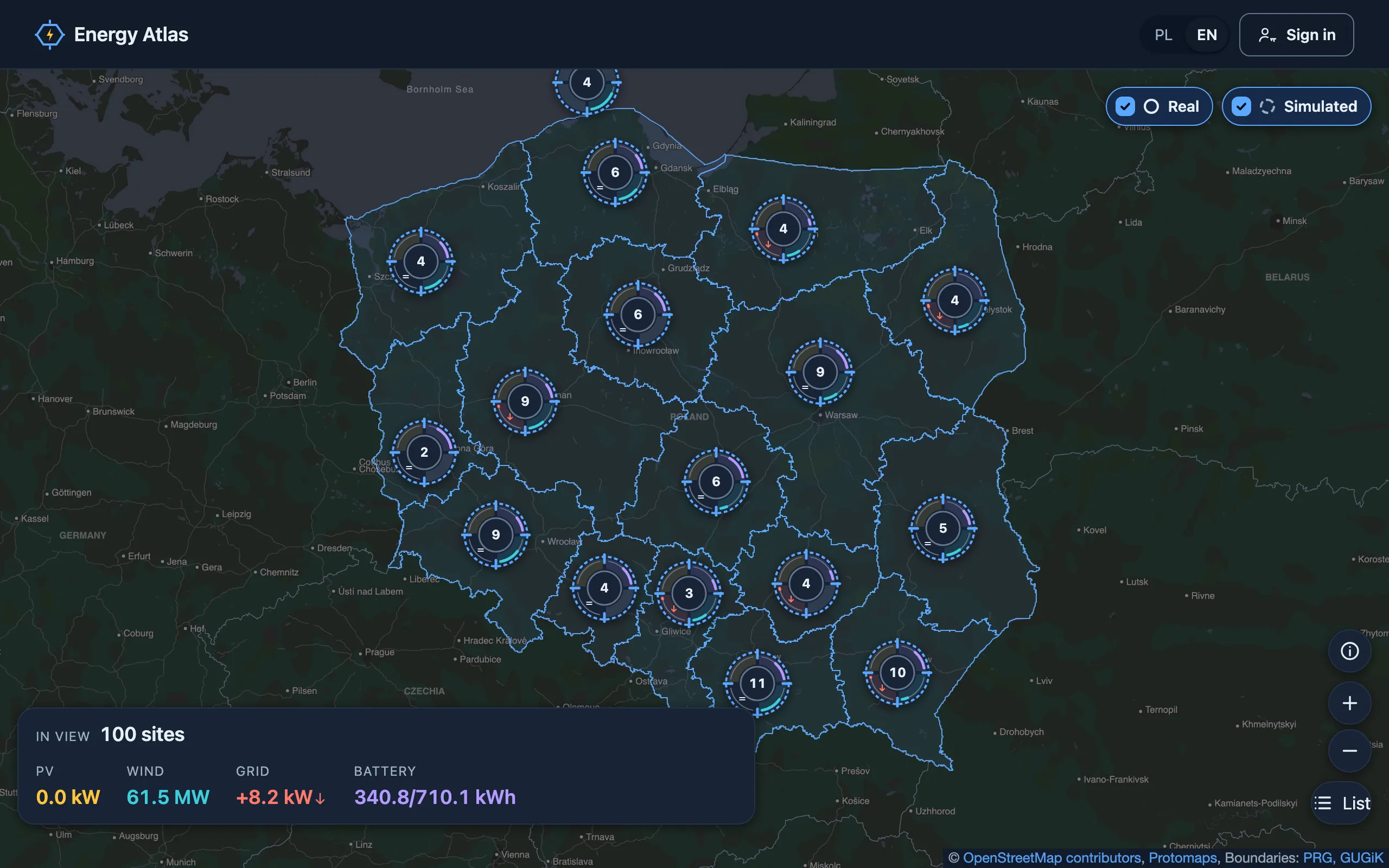 Energy Atlas: a map of Poland with clusters of solar, wind and battery sites and a power summary for the visible area.